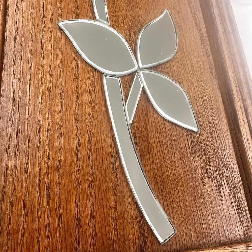 Vintage 70s Mirror Rose Wood Wall Art Panel Retro Glass Mosaic Plaque Boho 1980s